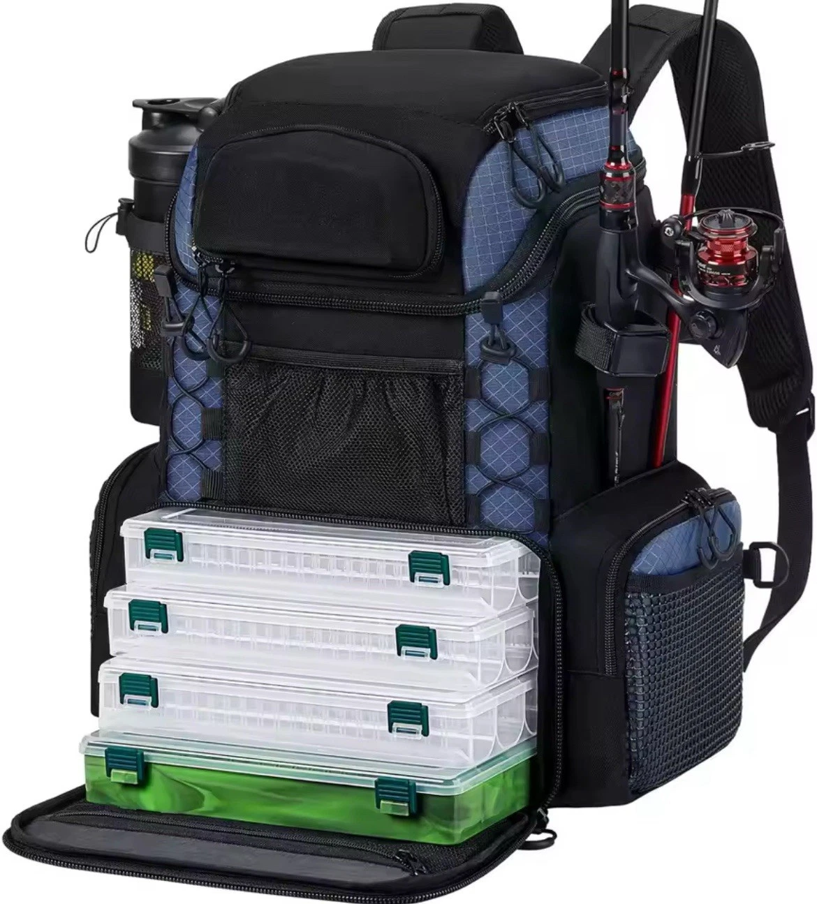 Fishing Tackle Backpack with Rod Holders & 4 Tackle Boxes
