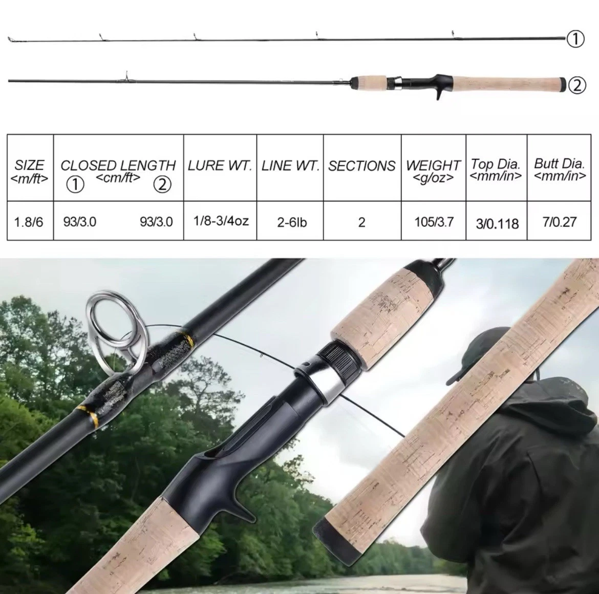 Ultralight Spinning UL Fishing Rod 24 Ton Carbon Fiber 1.8m / 6’ 2 Sections